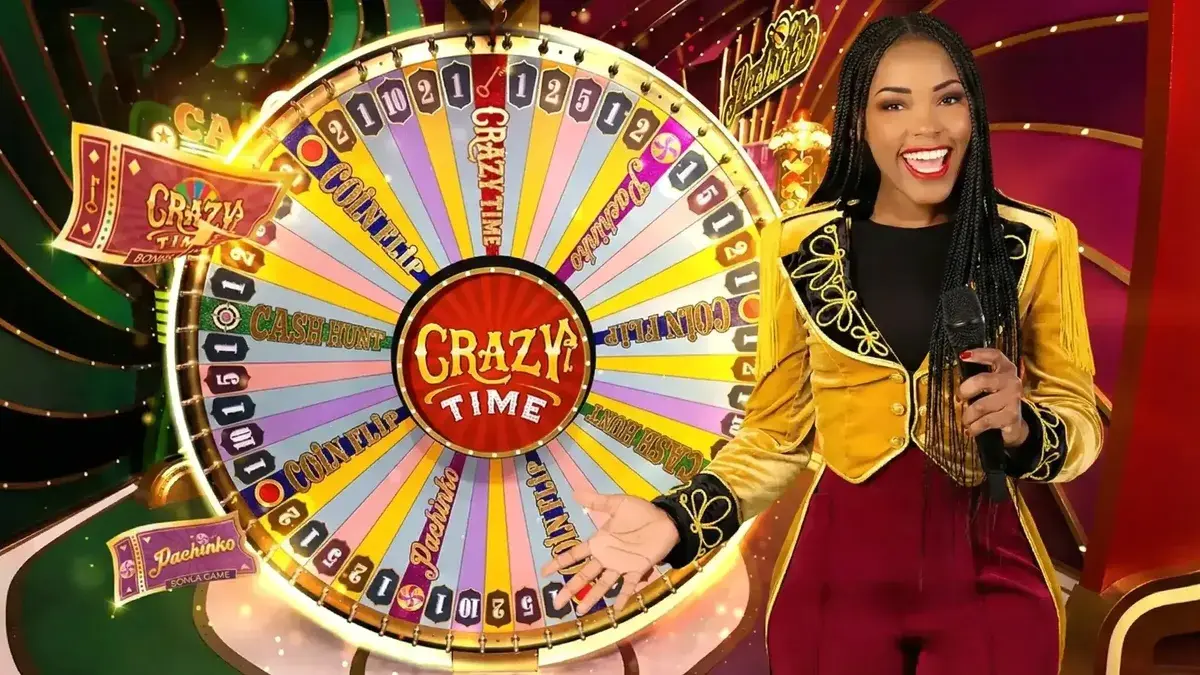 Crazy Time live host in a casino game show studio