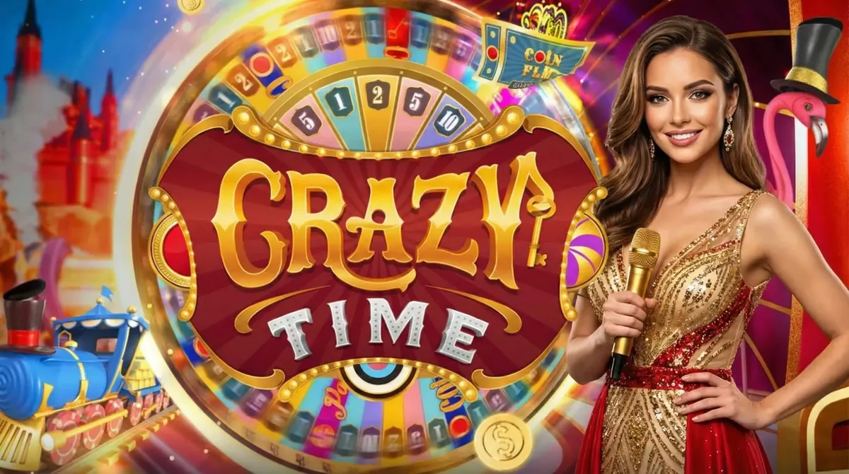 Crazy Time livecasino-studio med värd och lyckohjul